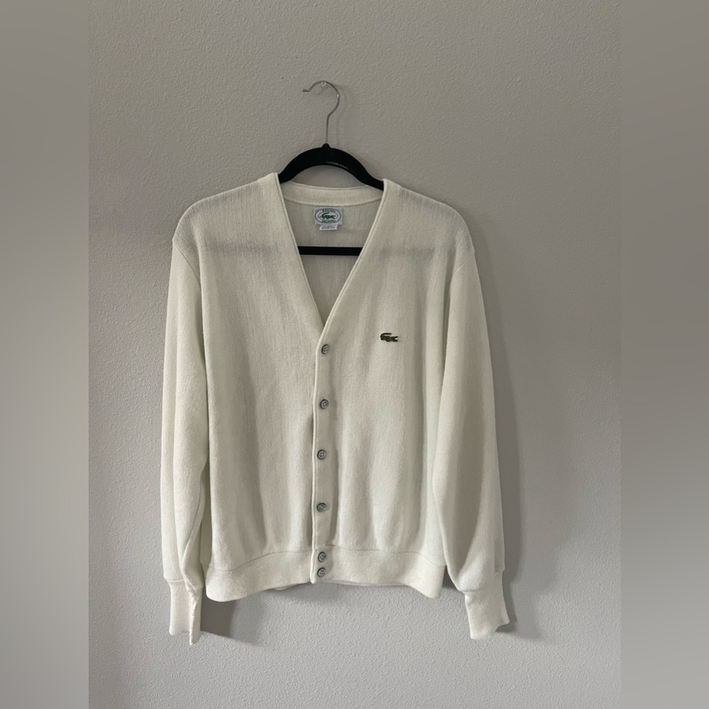 Vintage Izod Lacoste White Acrylic Cardigan Men's made in USA Sweater size L